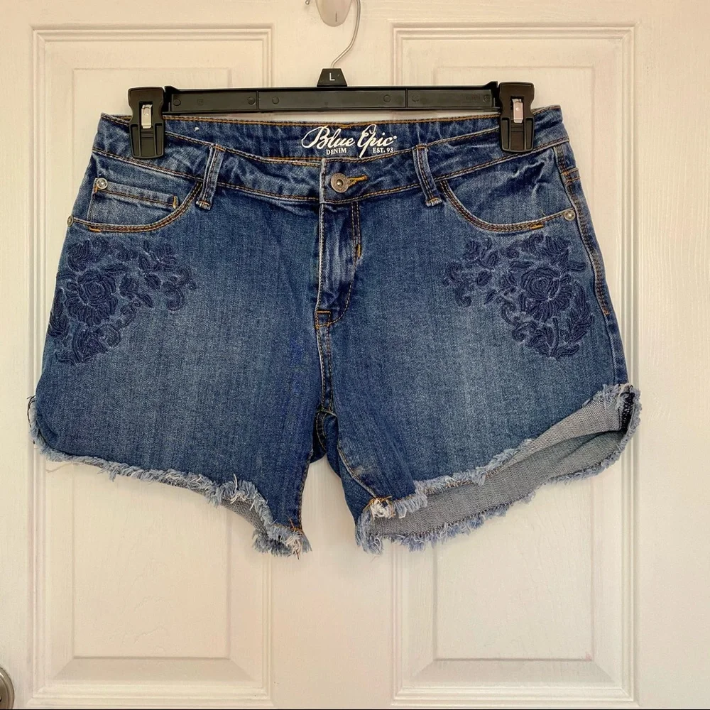 Embroidered Dark Blue Denim Shorts